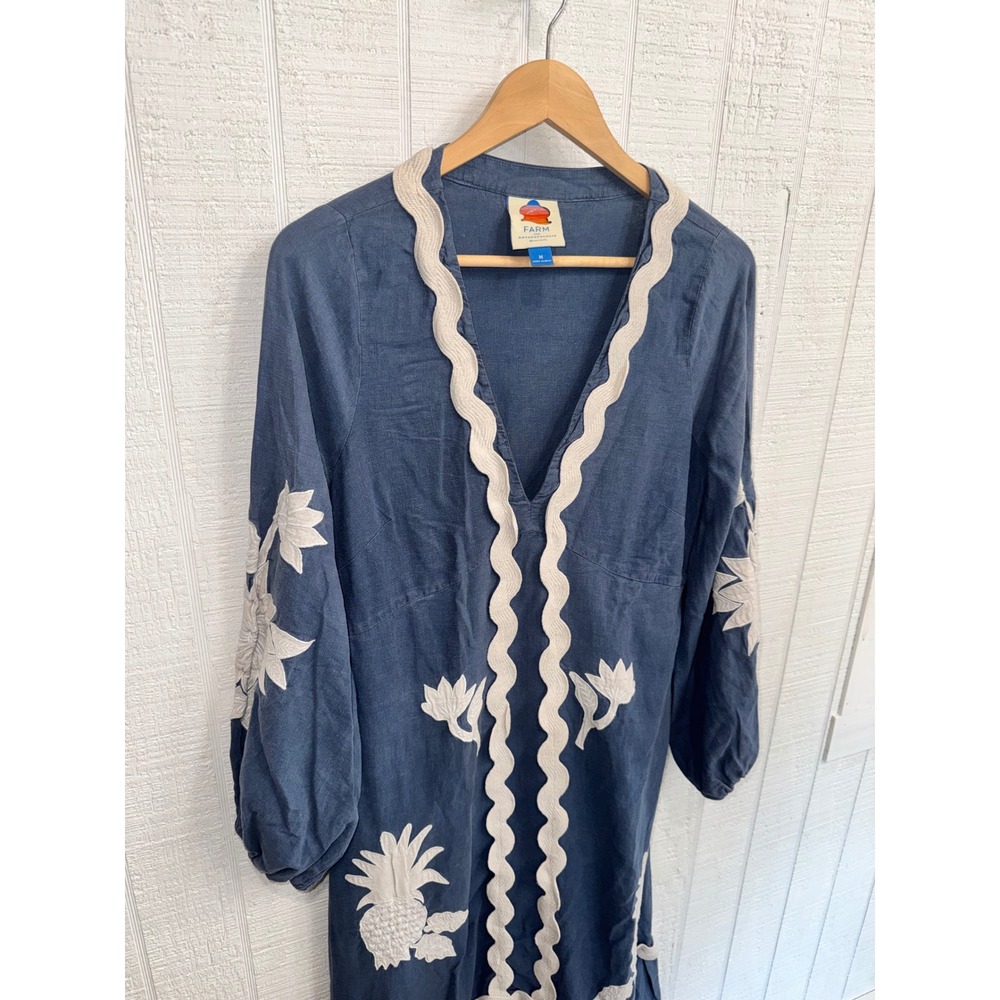 Farm Rio Maxi Dress Women Blue Embroidered Ric Rac Pineapple Size M - Picture 3 of 9